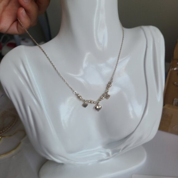 Vintage Sterling Silver Soft Girl Dainty Layered Dangle Heart Love Necklace - Picture 4 of 9